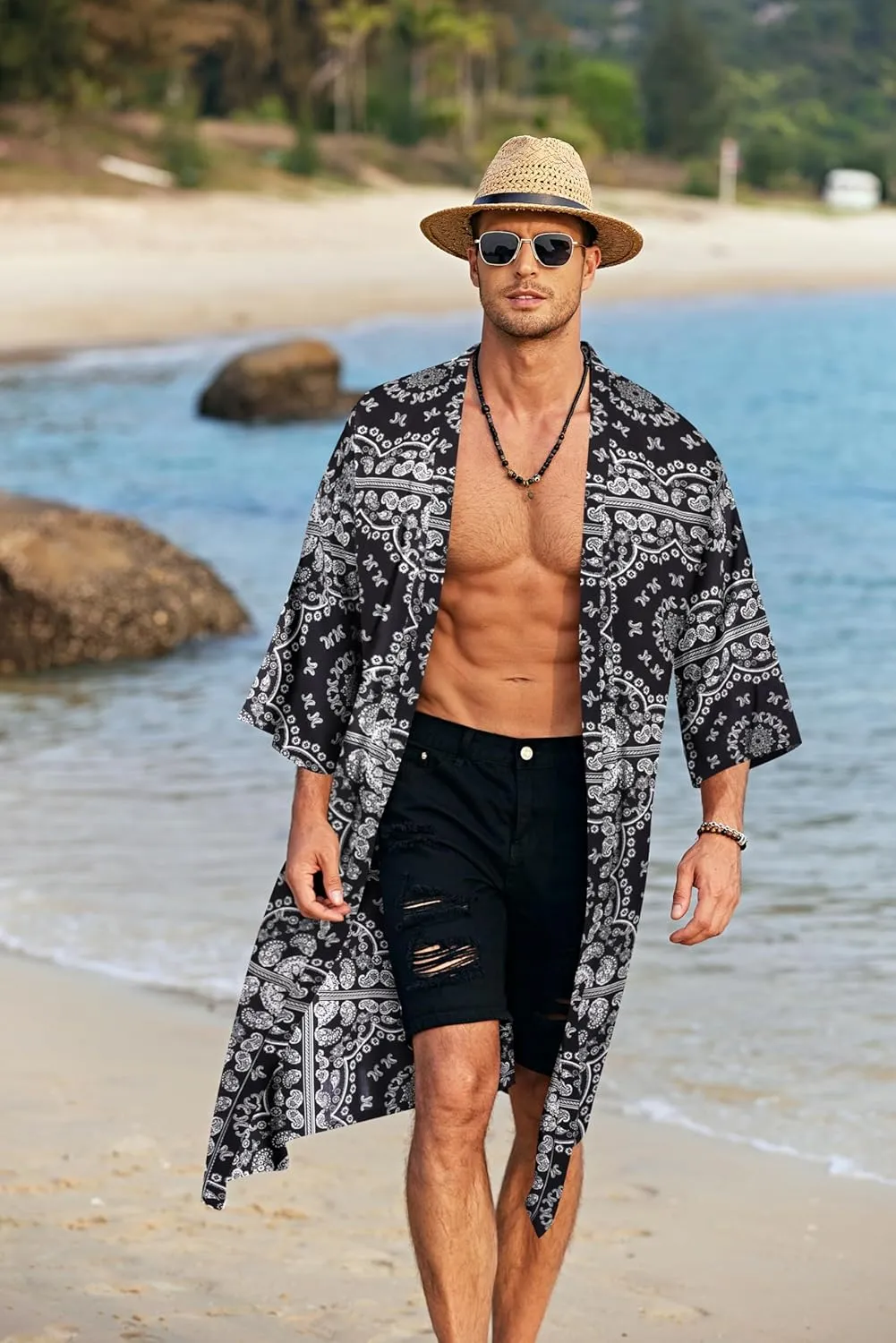 COOFANDY Men's Lightweight Kimono Robe Jacket Printed Japanese Style Bathrobes Casual Open Front Long Cardigan Coat Outwear