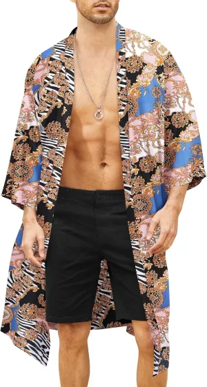 COOFANDY Men's Lightweight Kimono Robe Jacket Printed Japanese Style Bathrobes Casual Open Front Long Cardigan Coat Outwear