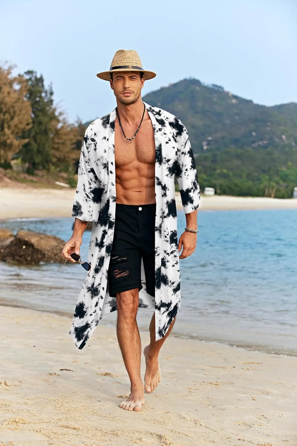 COOFANDY Men's Lightweight Kimono Robe Jacket Printed Japanese Style Bathrobes Casual Open Front Long Cardigan Coat Outwear