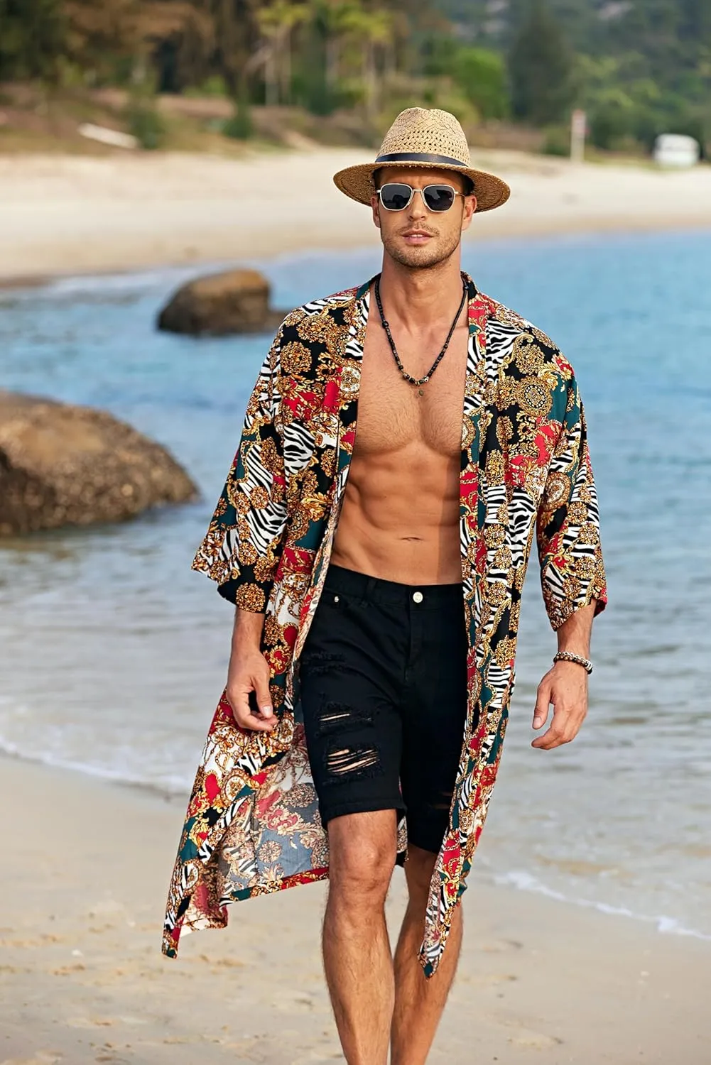 COOFANDY Men's Lightweight Kimono Robe Jacket Printed Japanese Style Bathrobes Casual Open Front Long Cardigan Coat Outwear