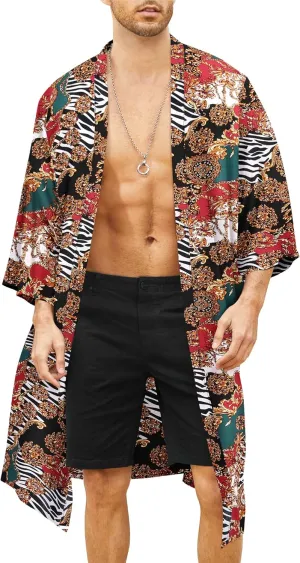 COOFANDY Men's Lightweight Kimono Robe Jacket Printed Japanese Style Bathrobes Casual Open Front Long Cardigan Coat Outwear