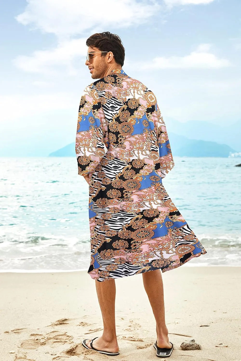 COOFANDY Men's Lightweight Kimono Robe Jacket Printed Japanese Style Bathrobes Casual Open Front Long Cardigan Coat Outwear