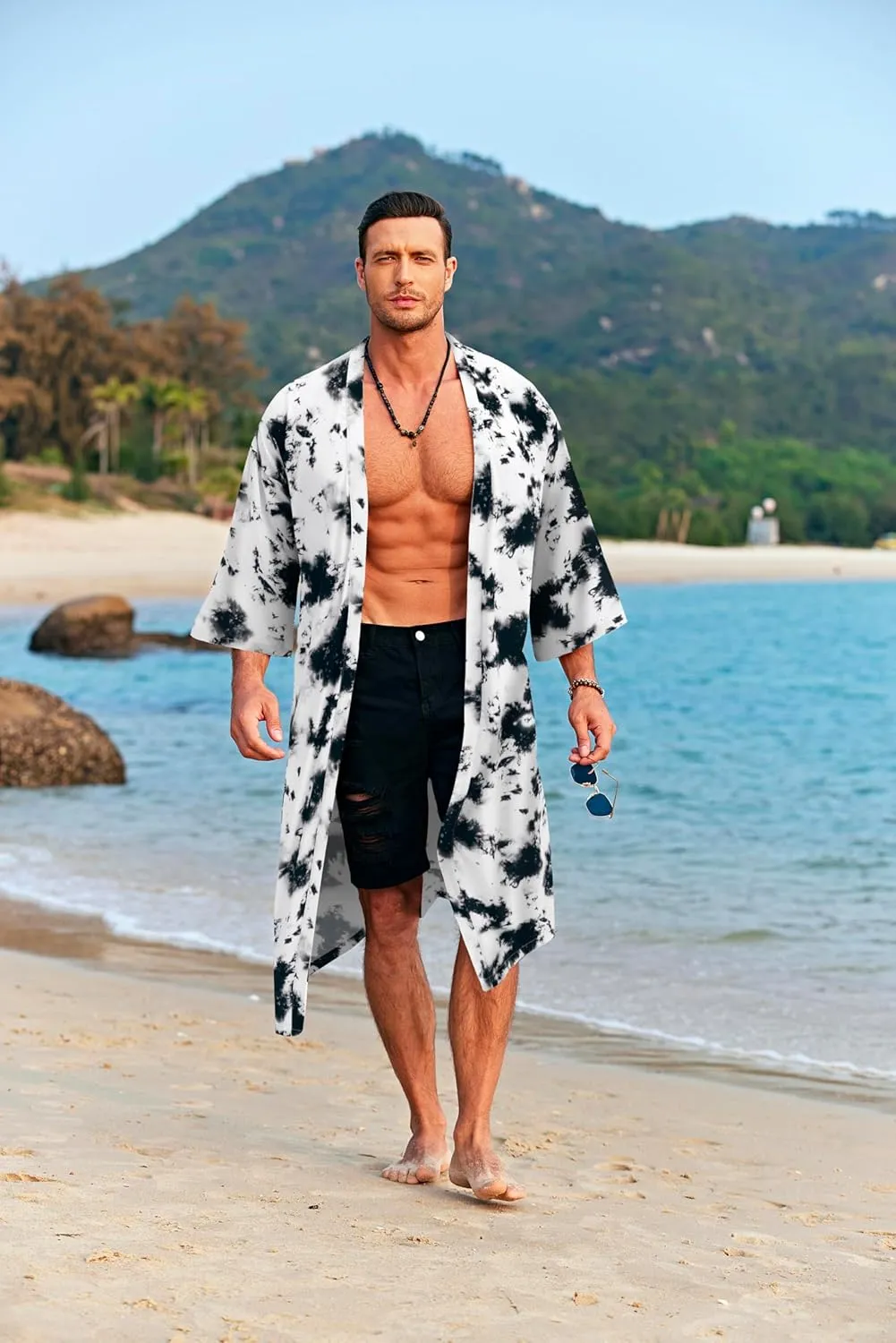 COOFANDY Men's Lightweight Kimono Robe Jacket Printed Japanese Style Bathrobes Casual Open Front Long Cardigan Coat Outwear