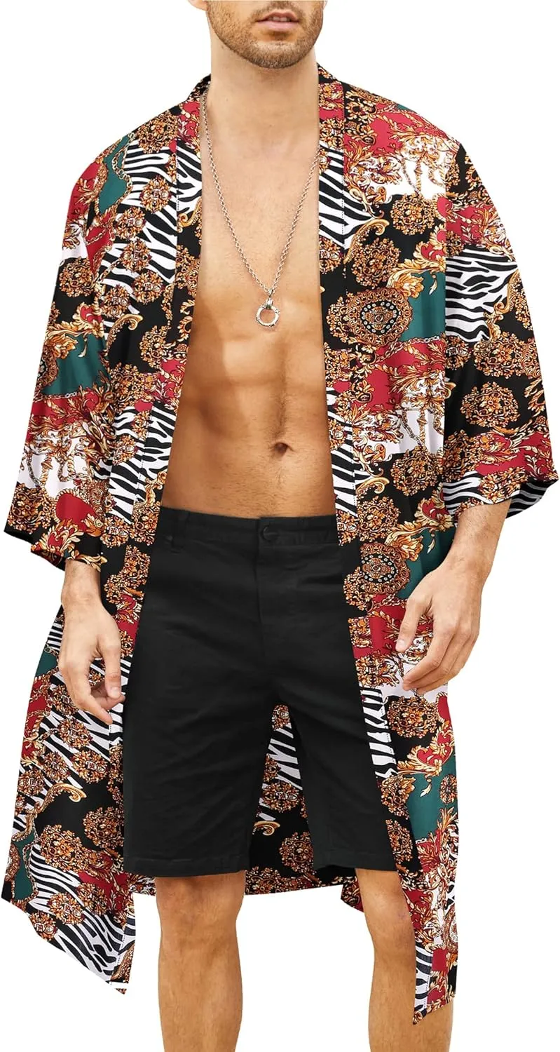 COOFANDY Men's Lightweight Kimono Robe Jacket Printed Japanese Style Bathrobes Casual Open Front Long Cardigan Coat Outwear