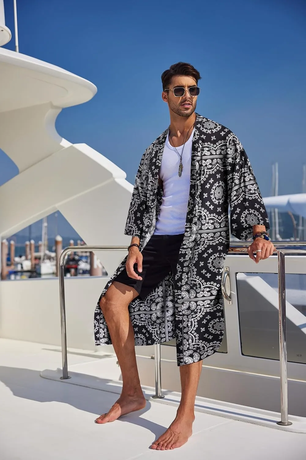 COOFANDY Men's Lightweight Kimono Robe Jacket Printed Japanese Style Bathrobes Casual Open Front Long Cardigan Coat Outwear