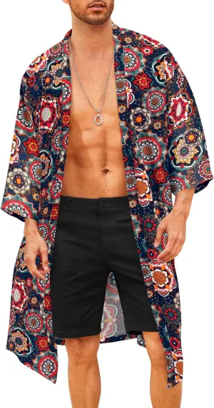 COOFANDY Men's Lightweight Kimono Robe Jacket Printed Japanese Style Bathrobes Casual Open Front Long Cardigan Coat Outwear