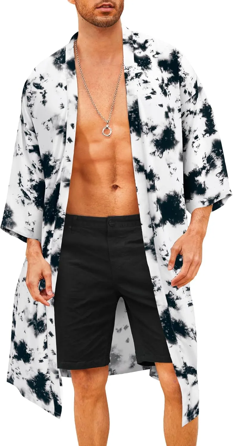 COOFANDY Men's Lightweight Kimono Robe Jacket Printed Japanese Style Bathrobes Casual Open Front Long Cardigan Coat Outwear