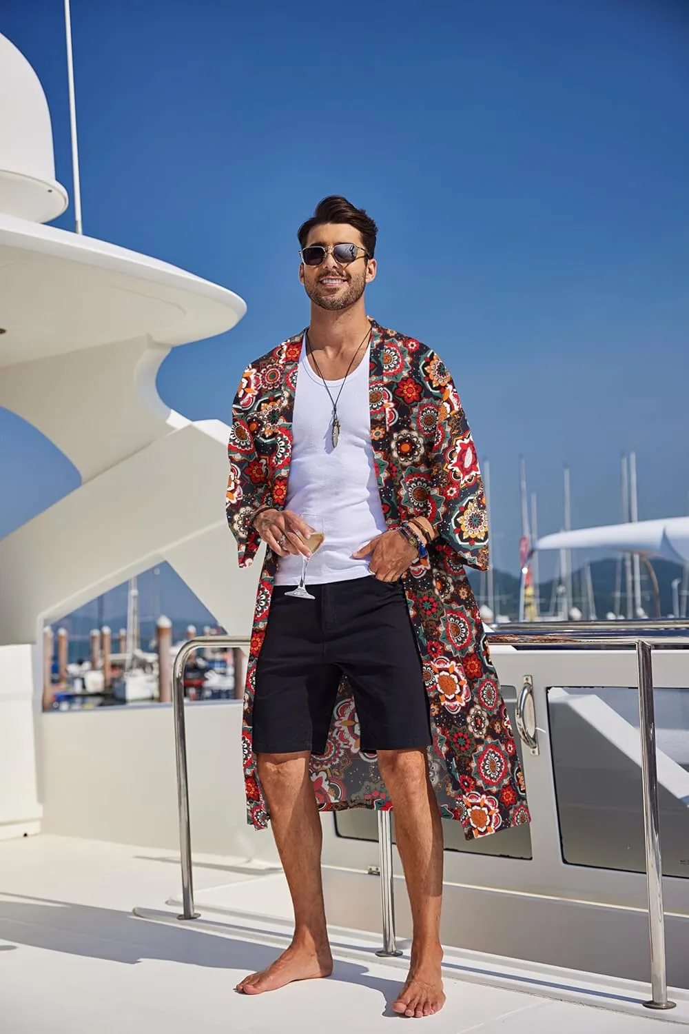COOFANDY Men's Lightweight Kimono Robe Jacket Printed Japanese Style Bathrobes Casual Open Front Long Cardigan Coat Outwear