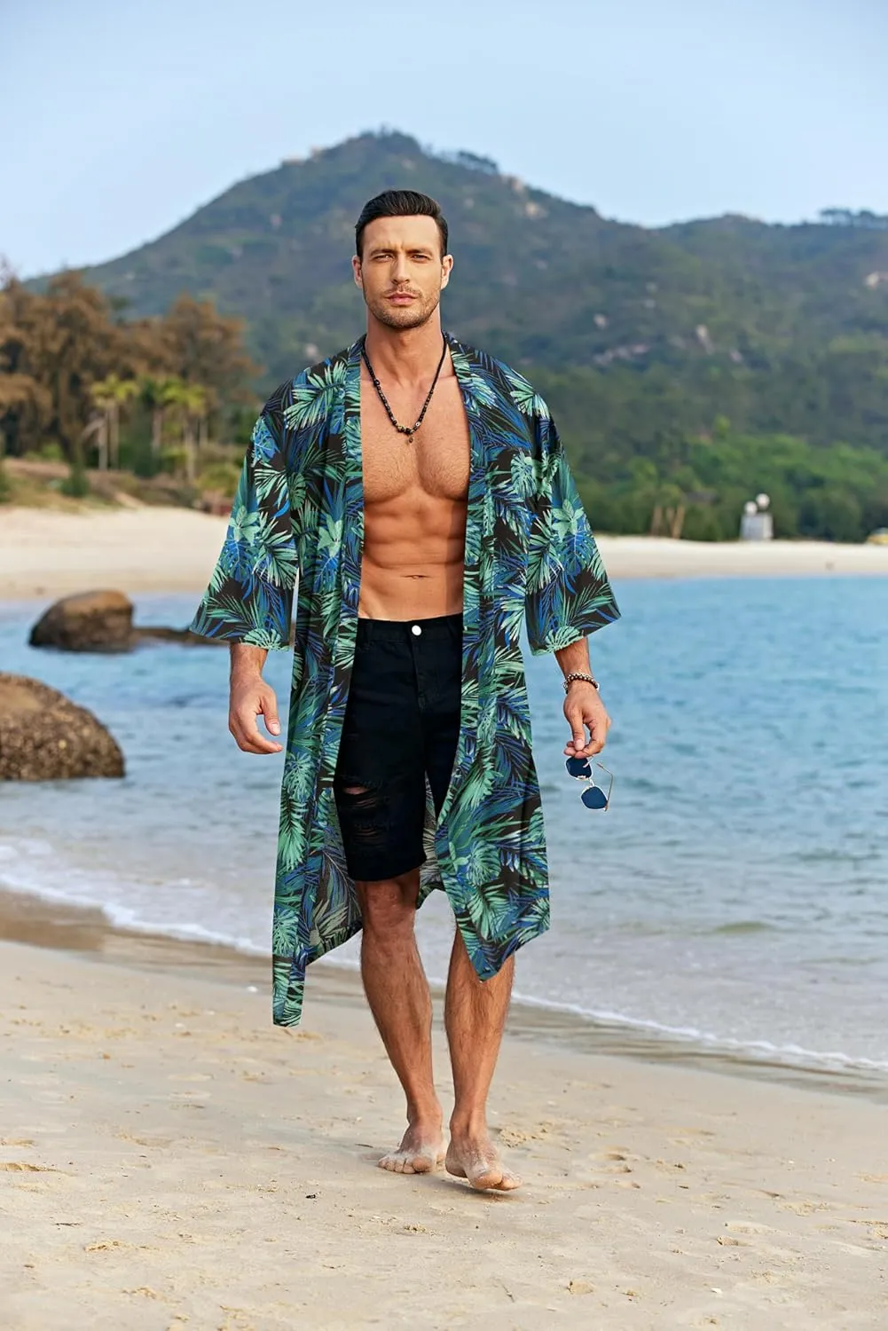 COOFANDY Men's Lightweight Kimono Robe Jacket Printed Japanese Style Bathrobes Casual Open Front Long Cardigan Coat Outwear