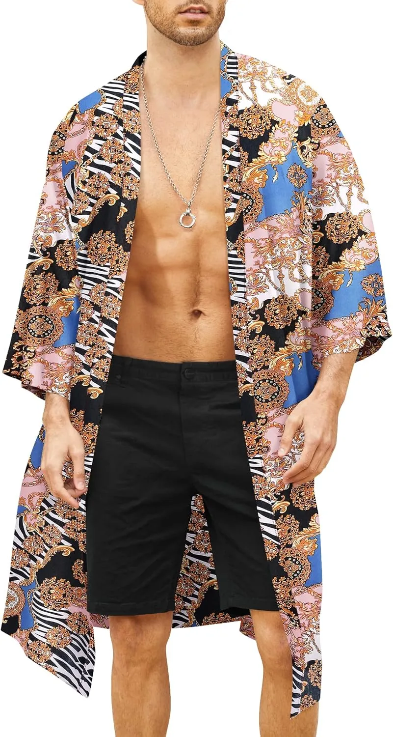 COOFANDY Men's Lightweight Kimono Robe Jacket Printed Japanese Style Bathrobes Casual Open Front Long Cardigan Coat Outwear
