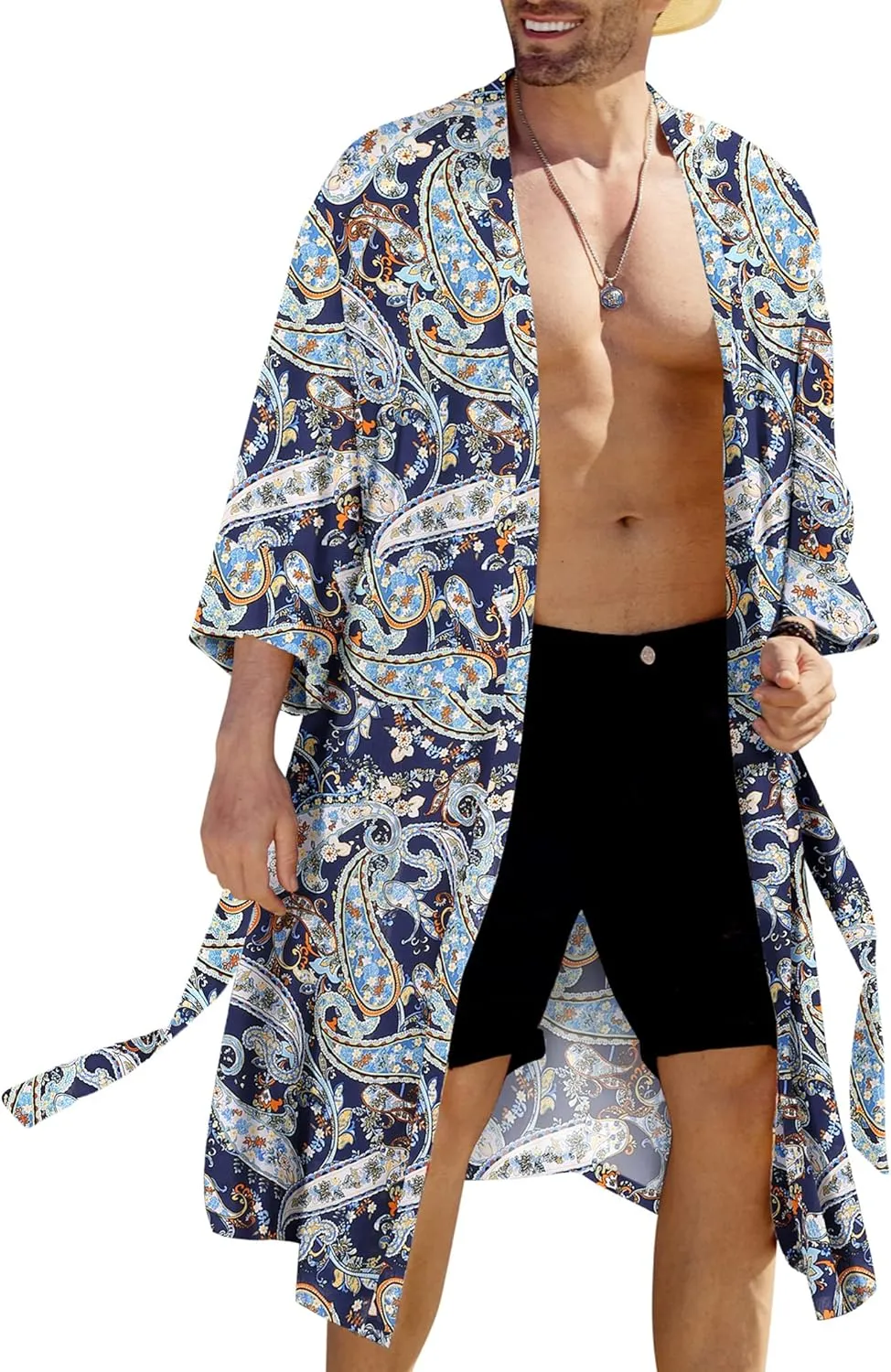 COOFANDY Men's Lightweight Kimono Robe Japanese Bathrobes Open Front Long Cardigan Cloak with Belt