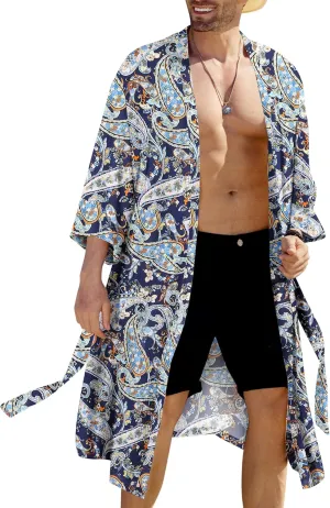 COOFANDY Men's Lightweight Kimono Robe Japanese Bathrobes Open Front Long Cardigan Cloak with Belt