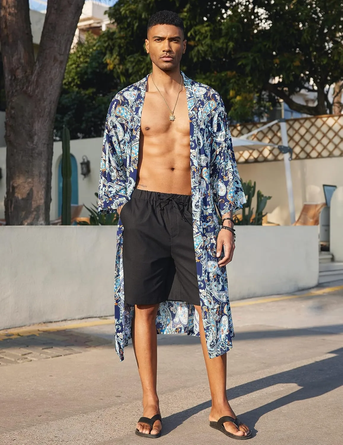 COOFANDY Men's Lightweight Kimono Robe Japanese Bathrobes Open Front Long Cardigan Cloak with Belt