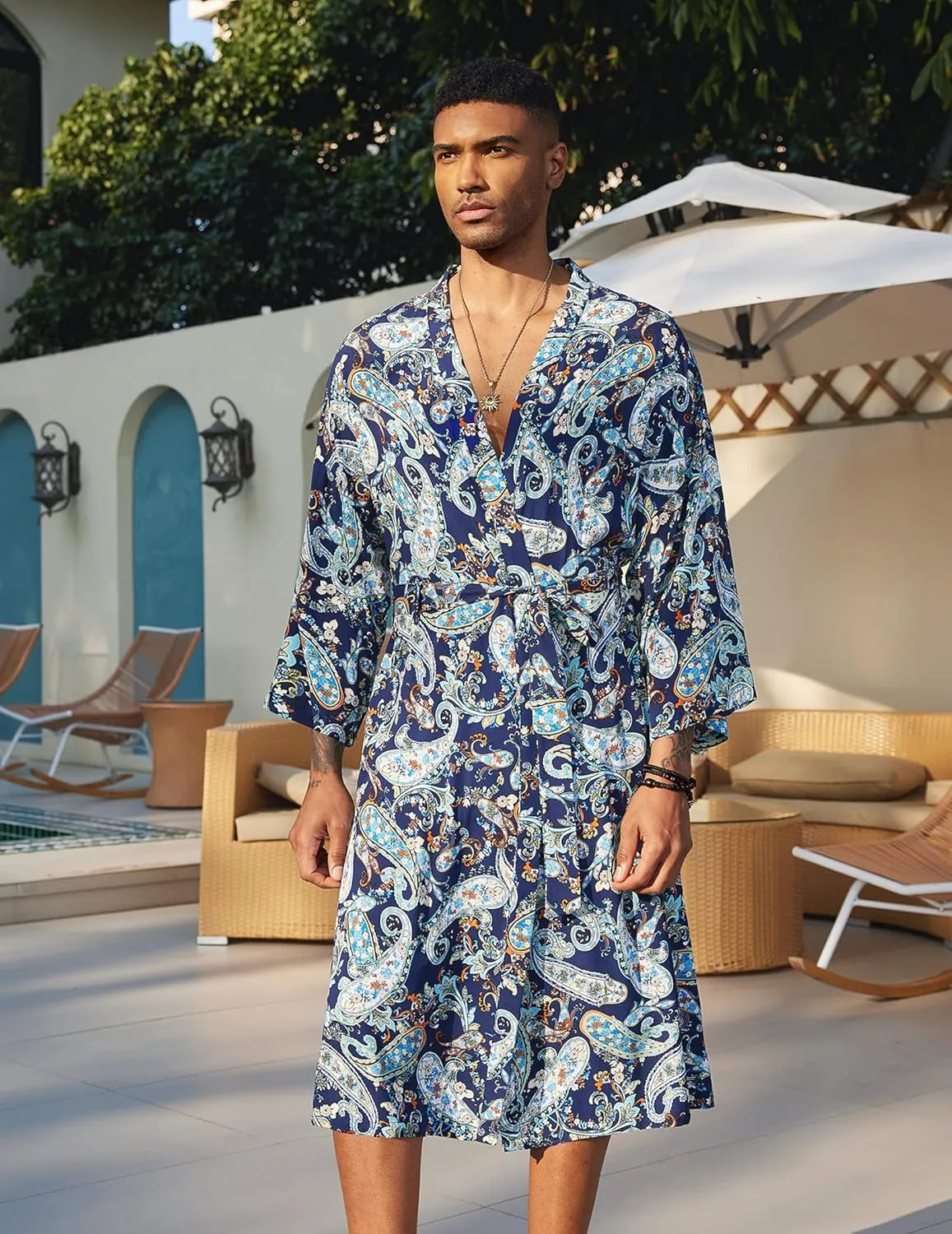 COOFANDY Men's Lightweight Kimono Robe Japanese Bathrobes Open Front Long Cardigan Cloak with Belt
