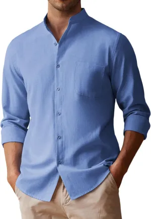 COOFANDY Men's Long Sleeve Linen Shirt Band Collar Button Down Shirts Oxford Dress Shirt