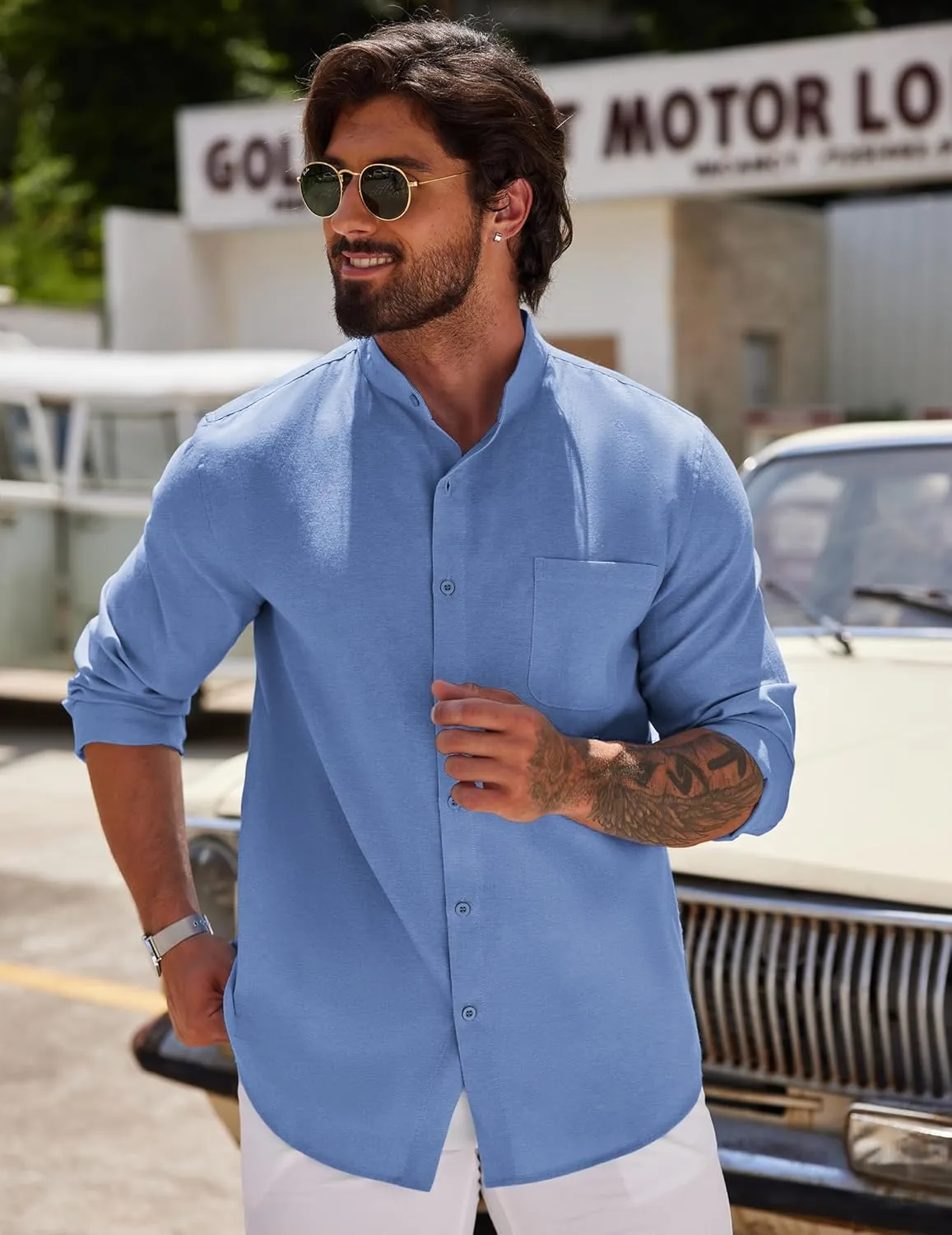 COOFANDY Men's Long Sleeve Linen Shirt Band Collar Button Down Shirts Oxford Dress Shirt