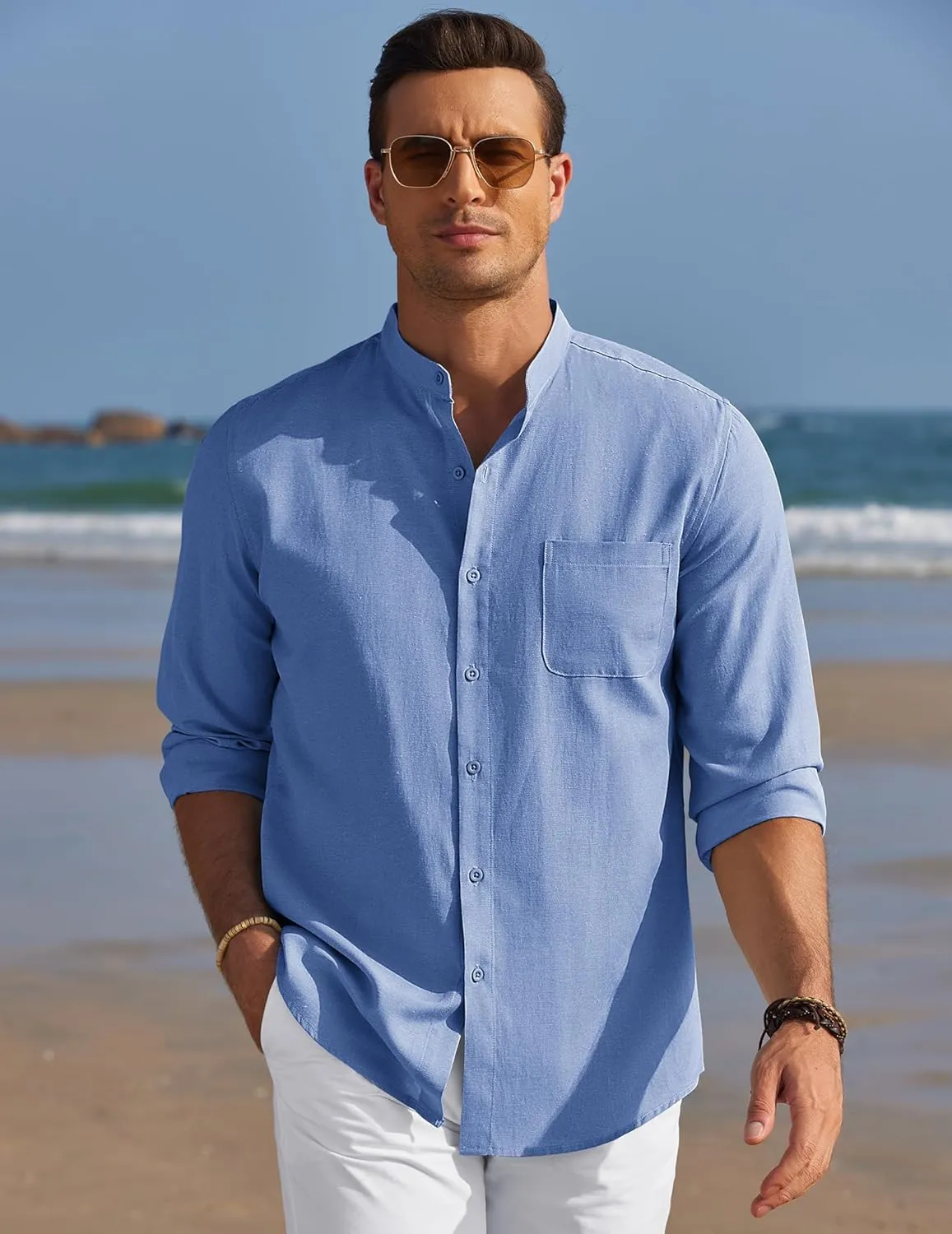 COOFANDY Men's Long Sleeve Linen Shirt Band Collar Button Down Shirts Oxford Dress Shirt