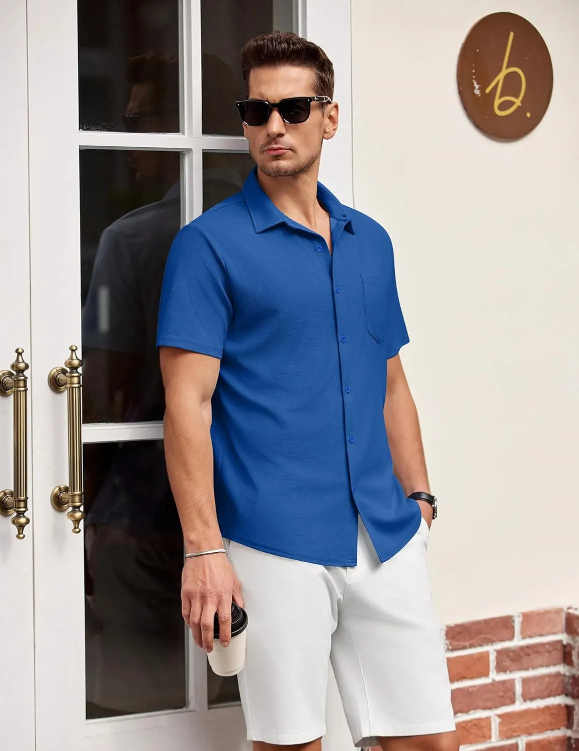 COOFANDY Men's Short Sleeve Button Down Shirt Casual Summer Beach Shirts Waffle Knit Shirt Wrinkle Free Untucked Shirt