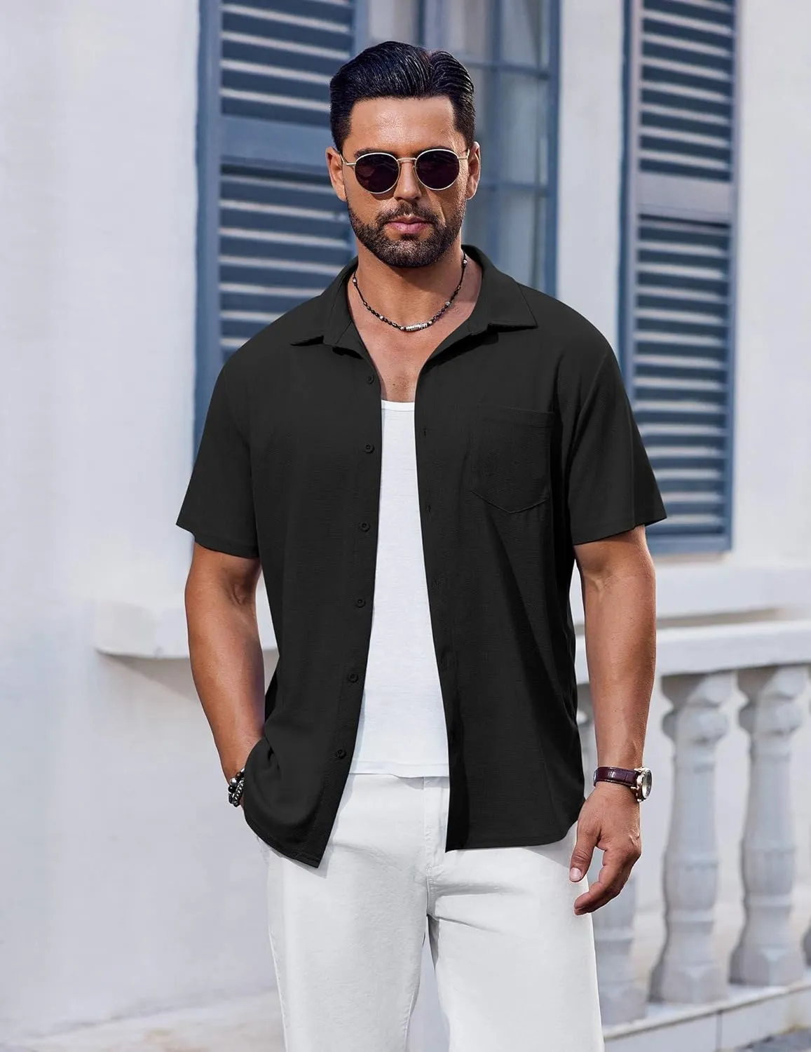 COOFANDY Men's Short Sleeve Button Down Shirt Casual Summer Beach Shirts Waffle Knit Shirt Wrinkle Free Untucked Shirt