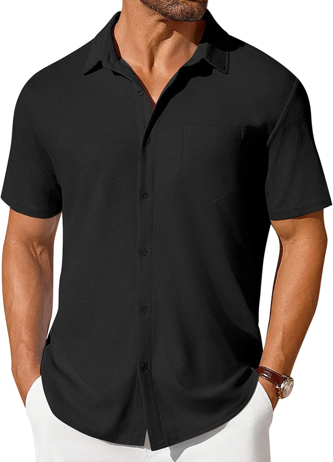 COOFANDY Men's Short Sleeve Button Down Shirt Casual Summer Beach Shirts Waffle Knit Shirt Wrinkle Free Untucked Shirt