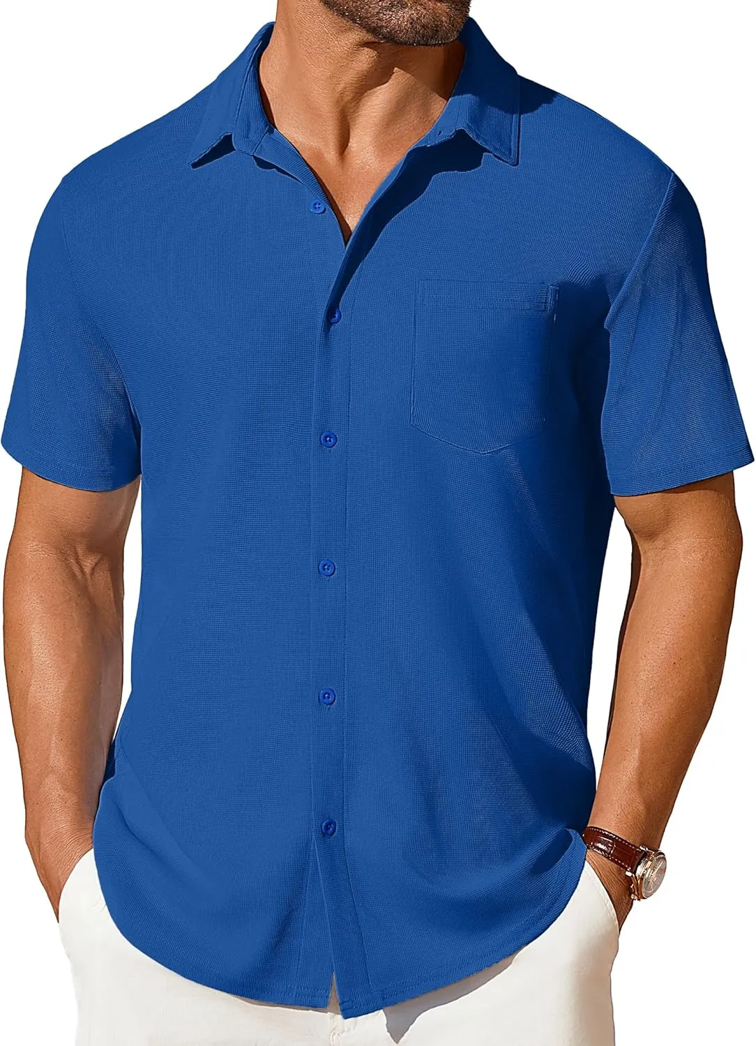 COOFANDY Men's Short Sleeve Button Down Shirt Casual Summer Beach Shirts Waffle Knit Shirt Wrinkle Free Untucked Shirt