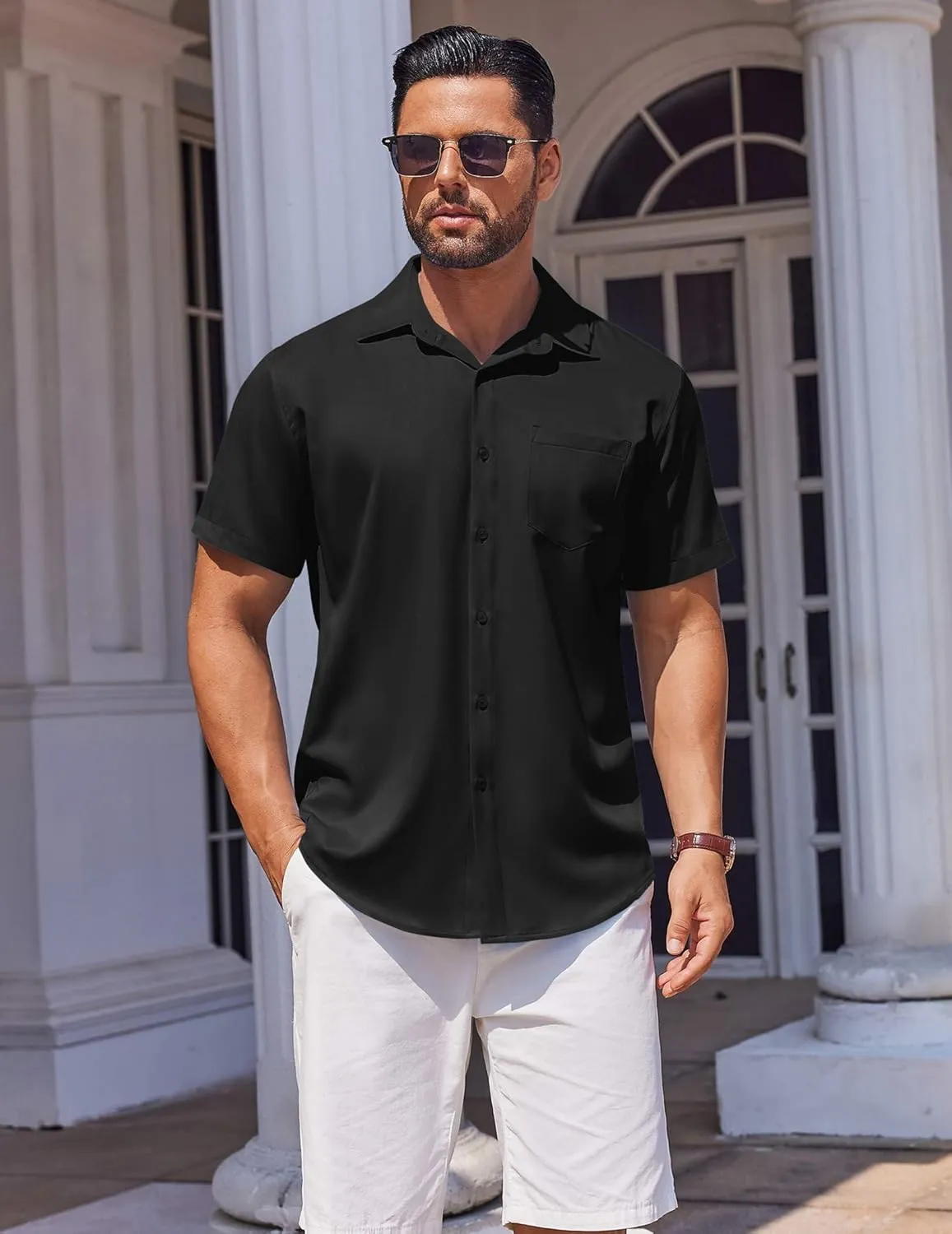 COOFANDY Mens Short Sleeve Button Down Shirt Wrinkle Free Dress Shirts Casual Summer Untucked Shirt