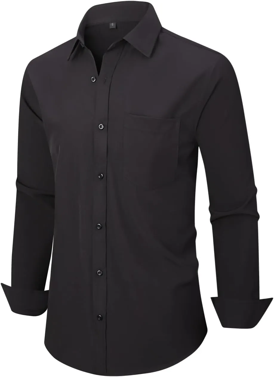 corfty Men Long Sleeve Dress Shirt - Regular Fit Stretch Free-Wrinkle Casual Button Down Shirt