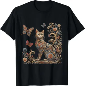 Cottagecore Cat Shirt Vintage Floral Butterfly Kitten Lover T-Shirt