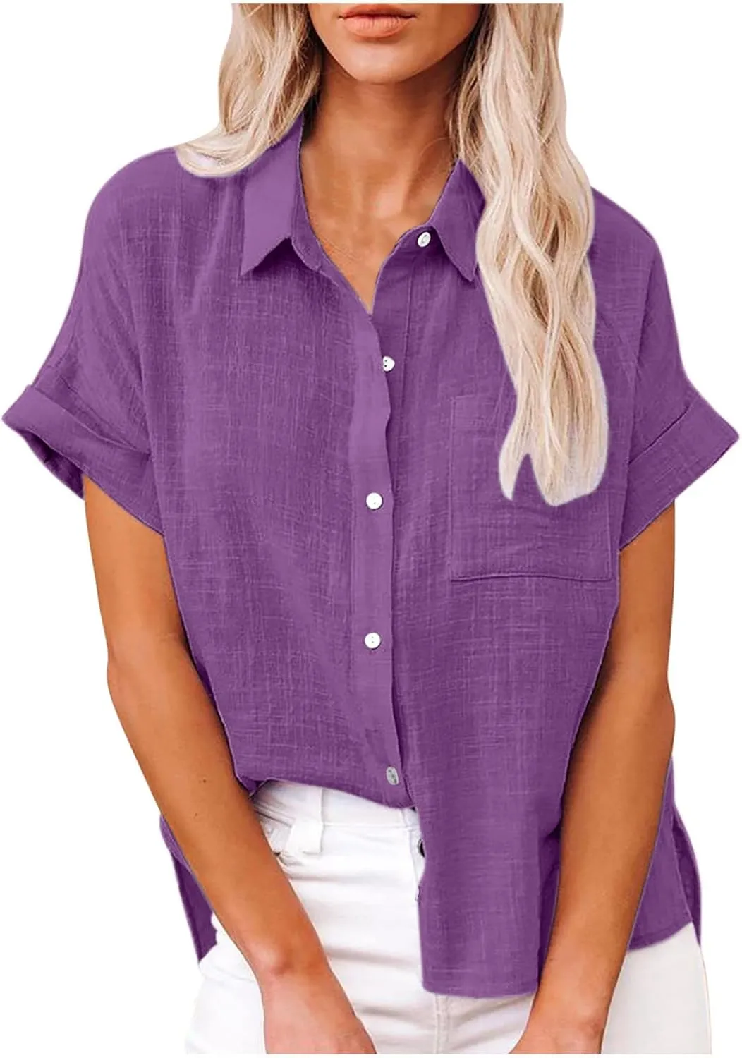 Cotton Linen Button Down Shirts for Women Collared Short Sleeve Work Blouse Trendy Loose Fit Summer Tops with Pocket