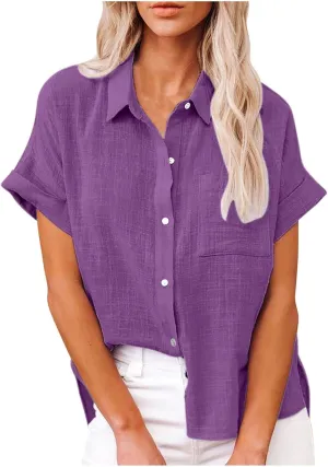 Cotton Linen Button Down Shirts for Women Collared Short Sleeve Work Blouse Trendy Loose Fit Summer Tops with Pocket