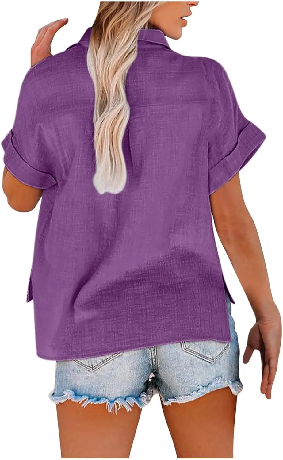 Cotton Linen Button Down Shirts for Women Collared Short Sleeve Work Blouse Trendy Loose Fit Summer Tops with Pocket