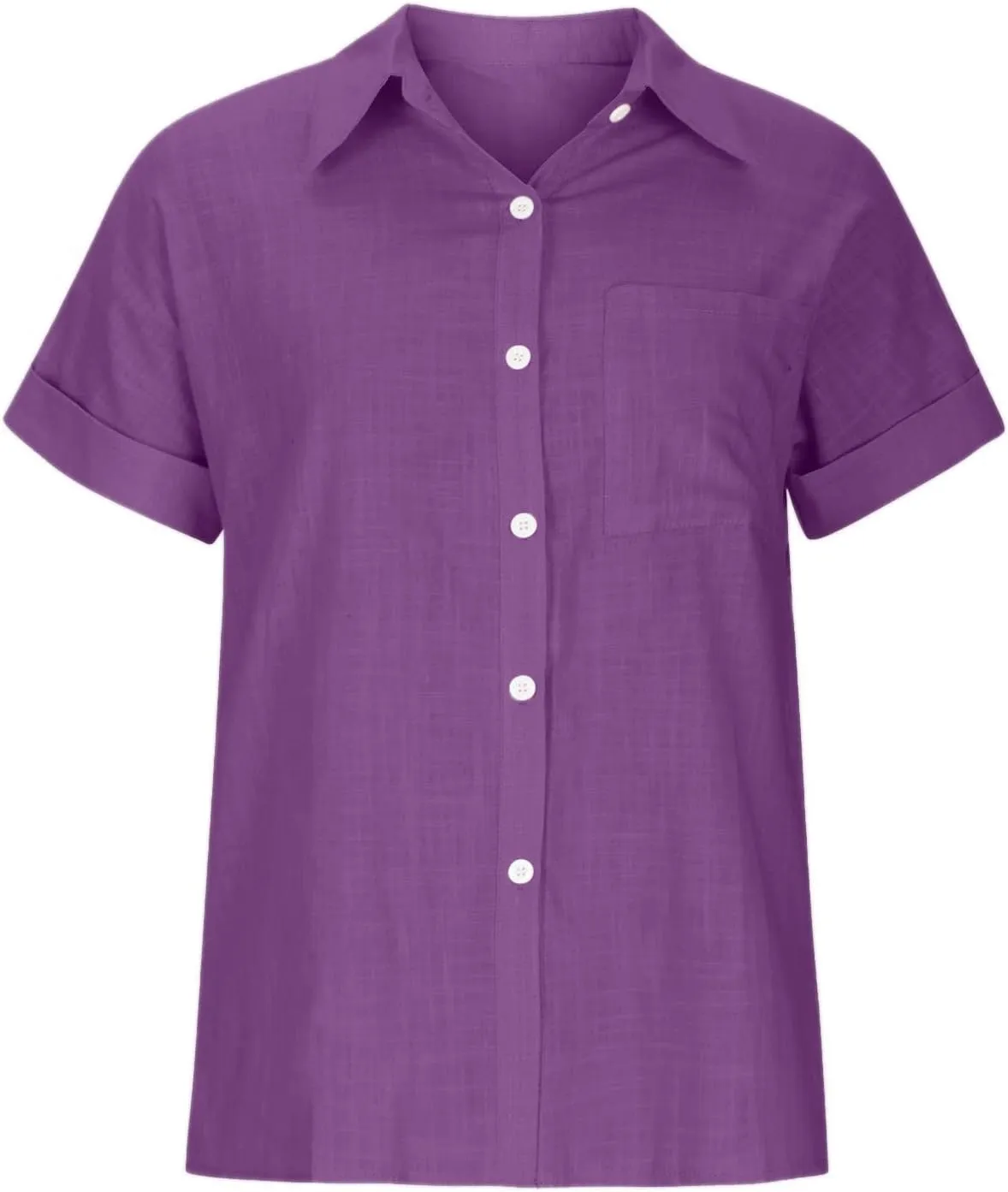 Cotton Linen Button Down Shirts for Women Collared Short Sleeve Work Blouse Trendy Loose Fit Summer Tops with Pocket