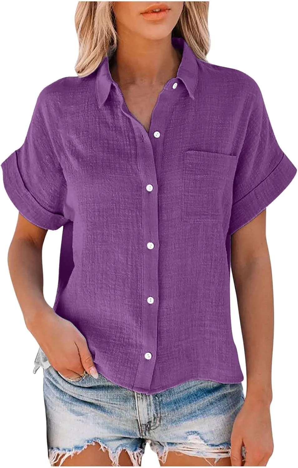 Cotton Linen Button Down Shirts for Women Collared Short Sleeve Work Blouse Trendy Loose Fit Summer Tops with Pocket