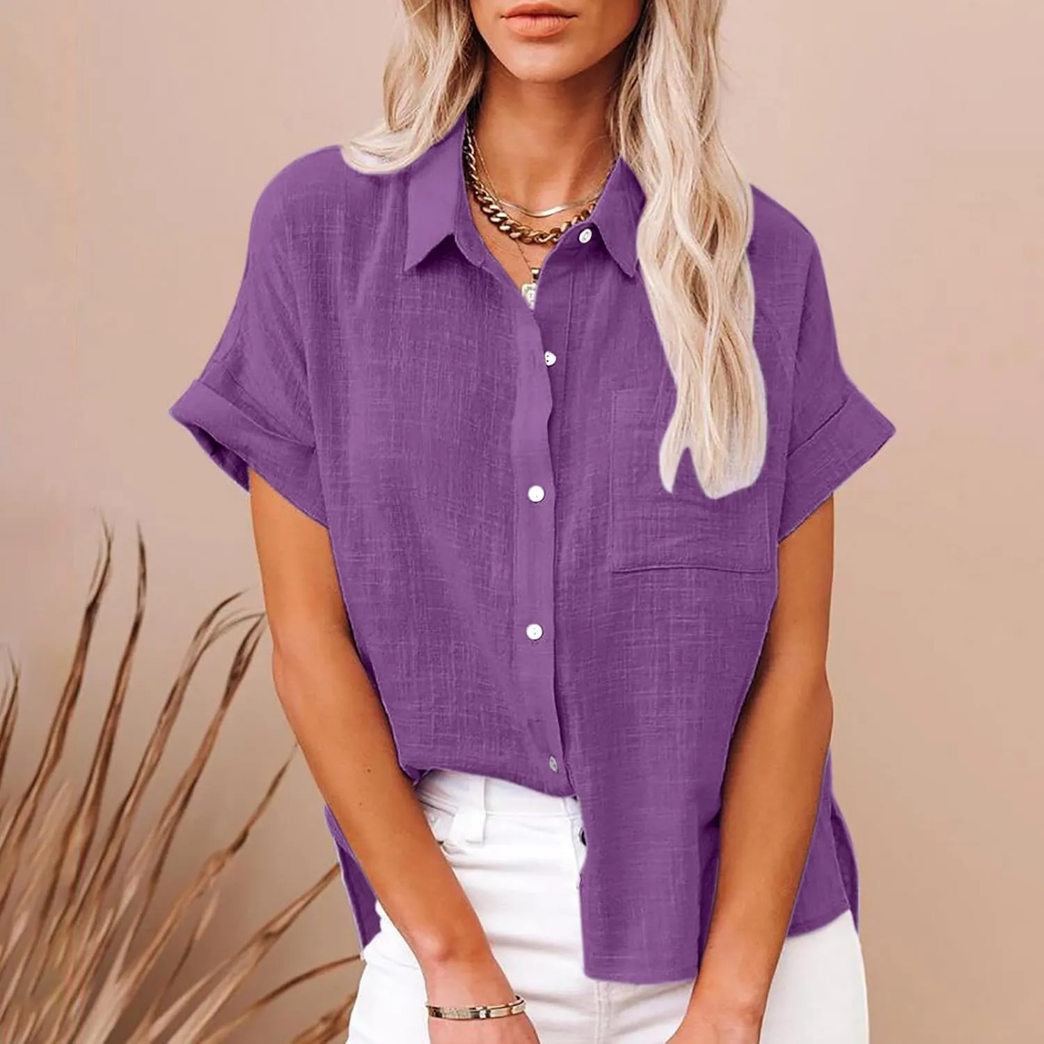 Cotton Linen Button Down Shirts for Women Collared Short Sleeve Work Blouse Trendy Loose Fit Summer Tops with Pocket