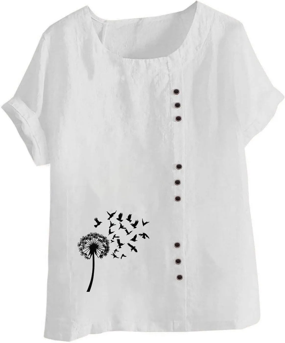 Cotton Linen Tops for Womens 2025 Crewneck Roll Up Short Sleeve Tshirt Trendy Floral Print Casual Loose Blouse