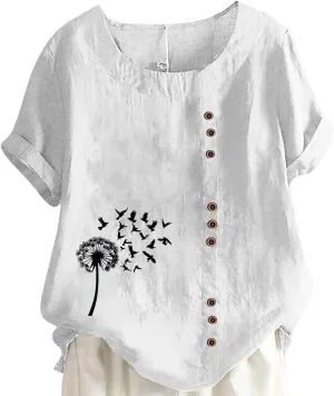 Cotton Linen Tops for Womens 2025 Crewneck Roll Up Short Sleeve Tshirt Trendy Floral Print Casual Loose Blouse