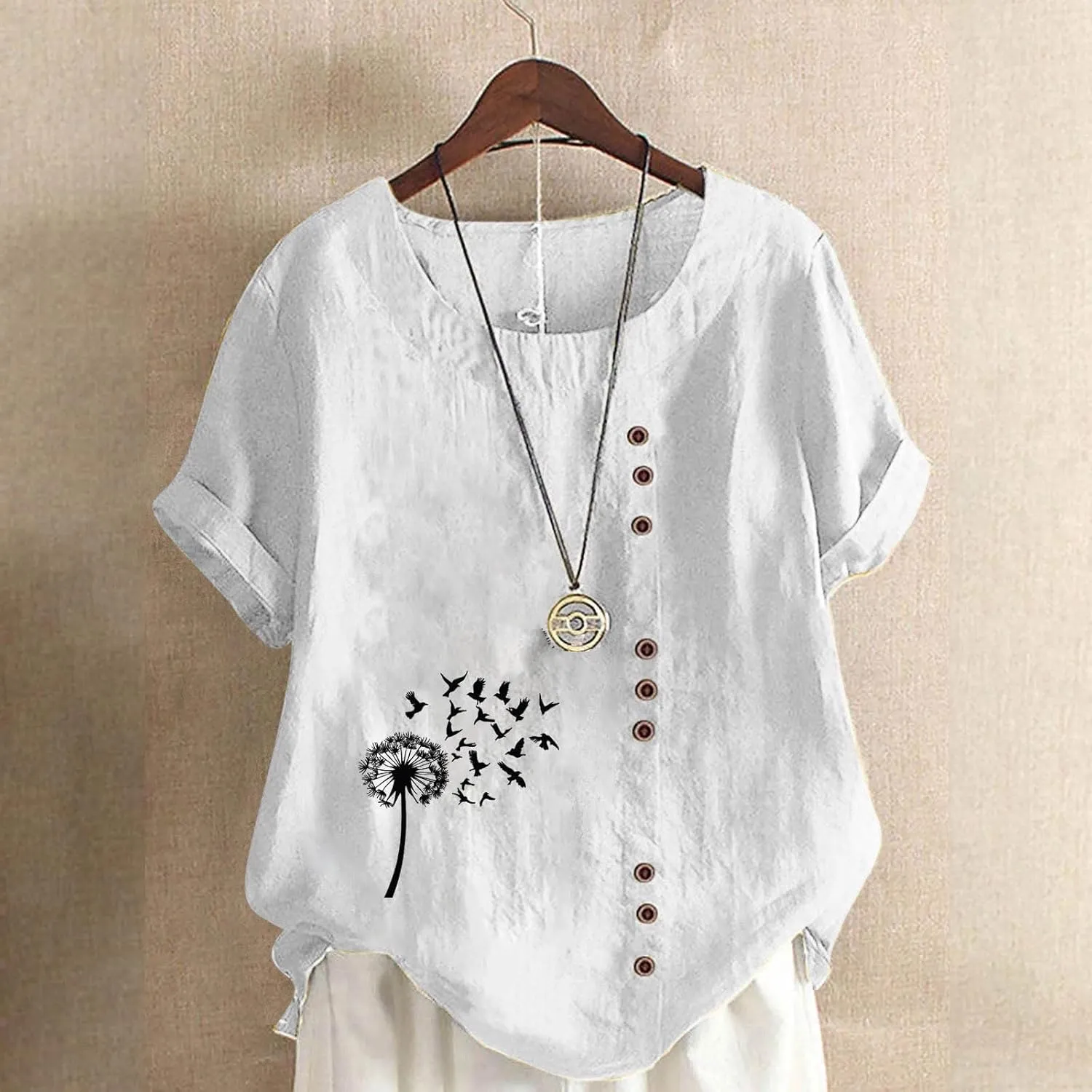 Cotton Linen Tops for Womens 2025 Crewneck Roll Up Short Sleeve Tshirt Trendy Floral Print Casual Loose Blouse
