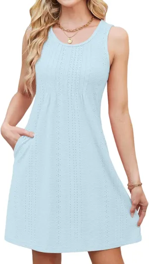 Cover Up Summer Dresses for Women 2025 Midi Eyelet Crewneck Sleeveless Tank Dress with Pockets Flowy Boho Beach Dress