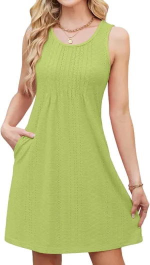 Cover Up Summer Dresses for Women 2025 Midi Eyelet Crewneck Sleeveless Tank Dress with Pockets Flowy Boho Beach Dress