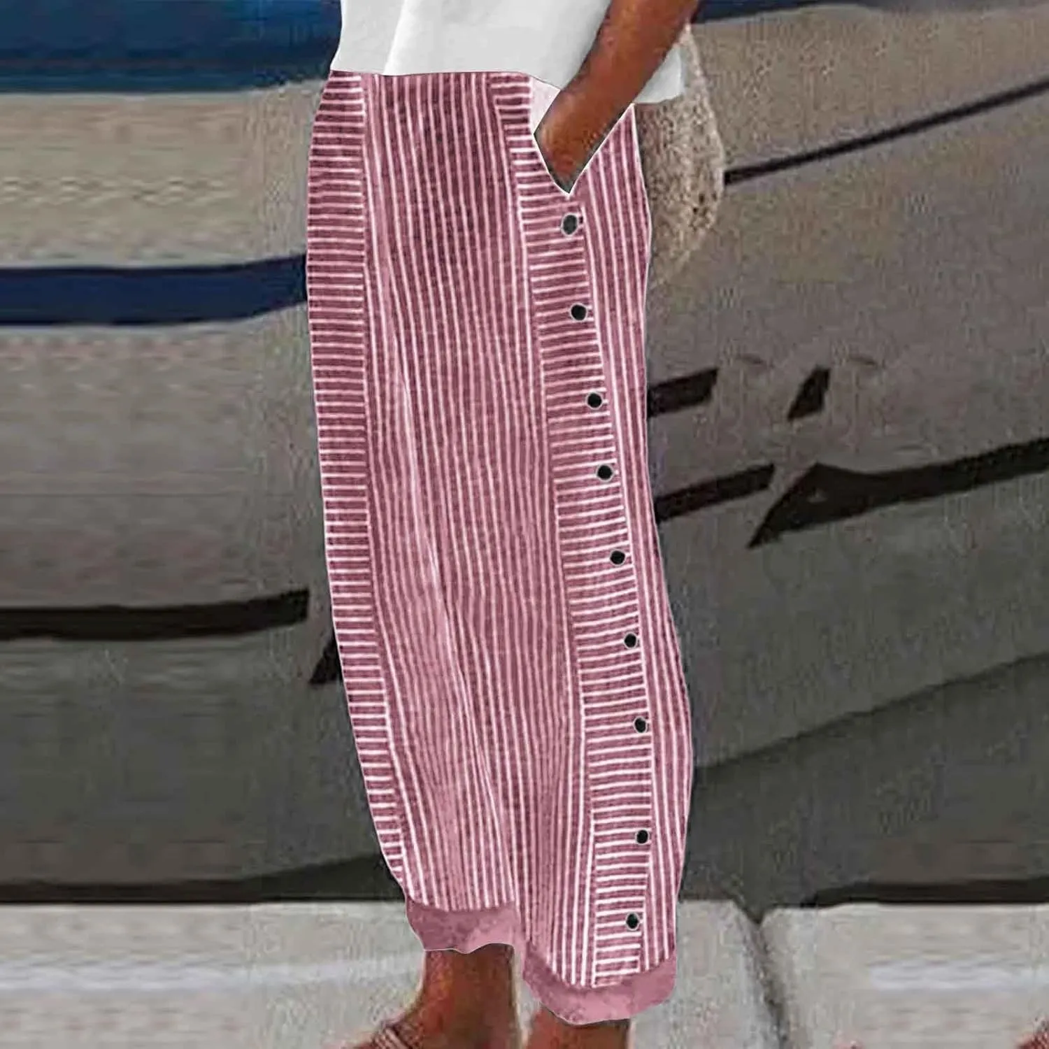 Cropped Pants For Women Elastic Waist Cotton Linen Summer Palazzo Pant Flowy Wide Leg Boho Long Trouser with Pocket