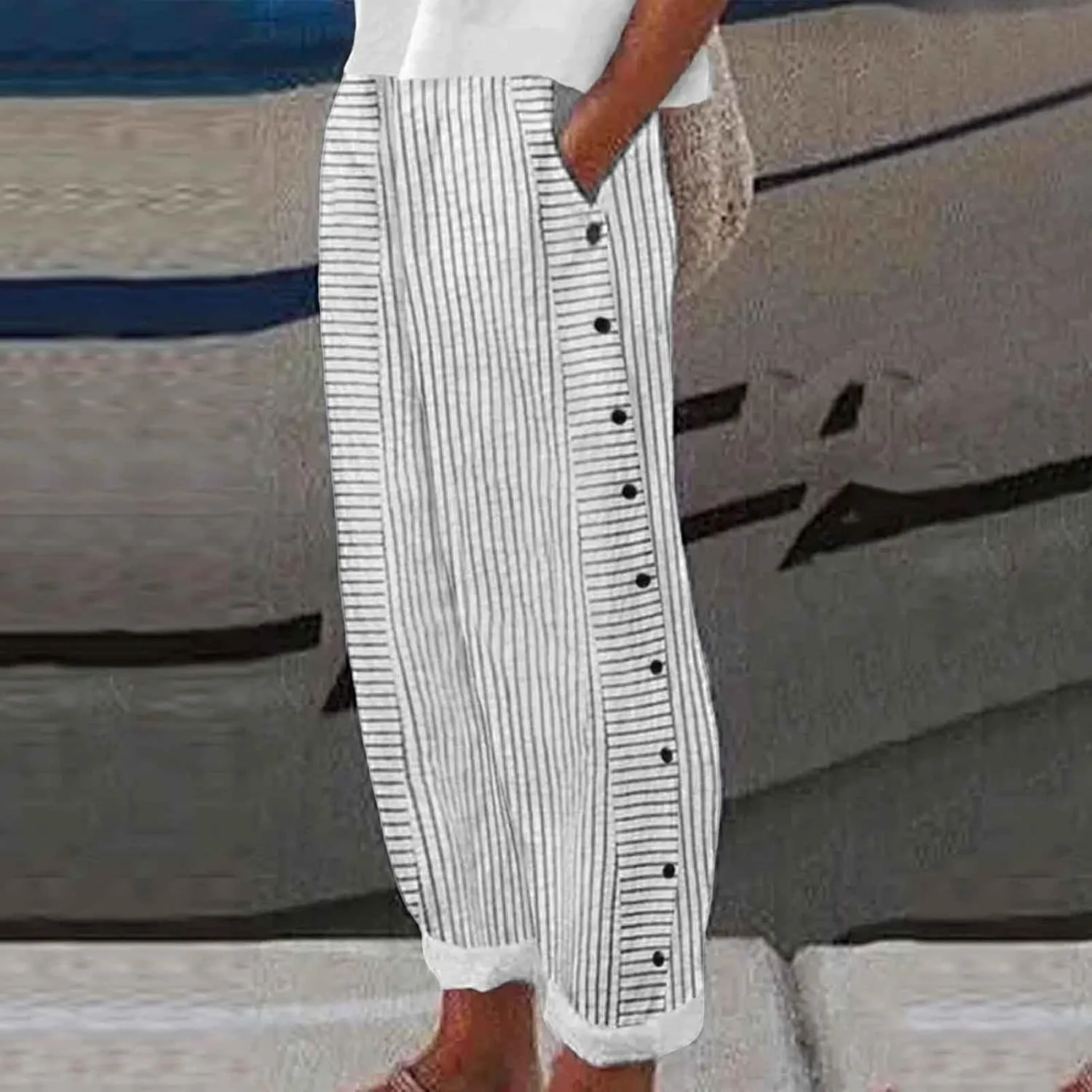 Cropped Pants For Women Elastic Waist Cotton Linen Summer Palazzo Pant Flowy Wide Leg Boho Long Trouser with Pocket