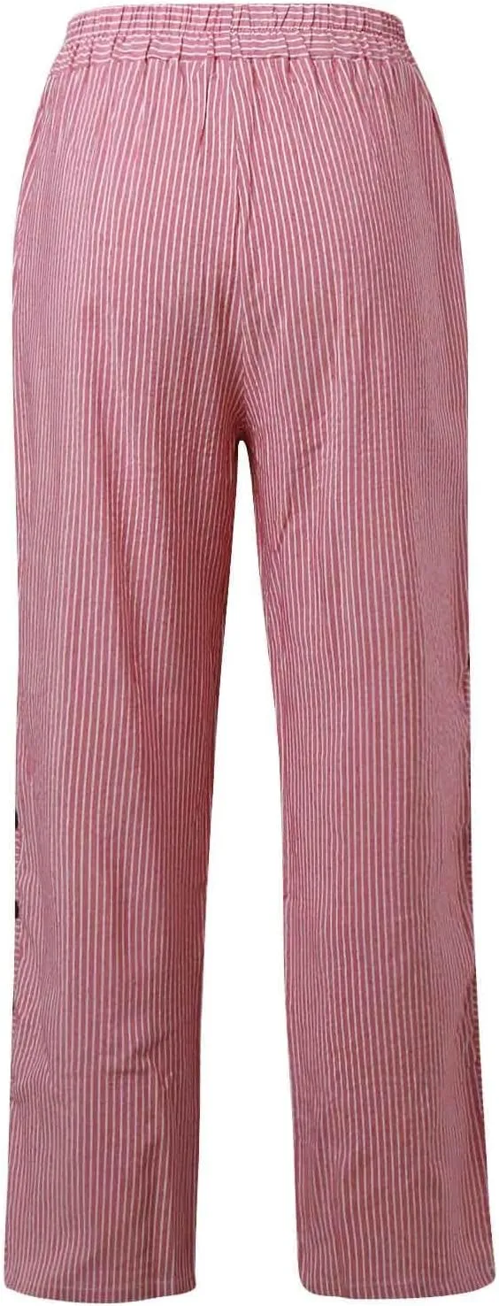 Cropped Pants For Women Elastic Waist Cotton Linen Summer Palazzo Pant Flowy Wide Leg Boho Long Trouser with Pocket