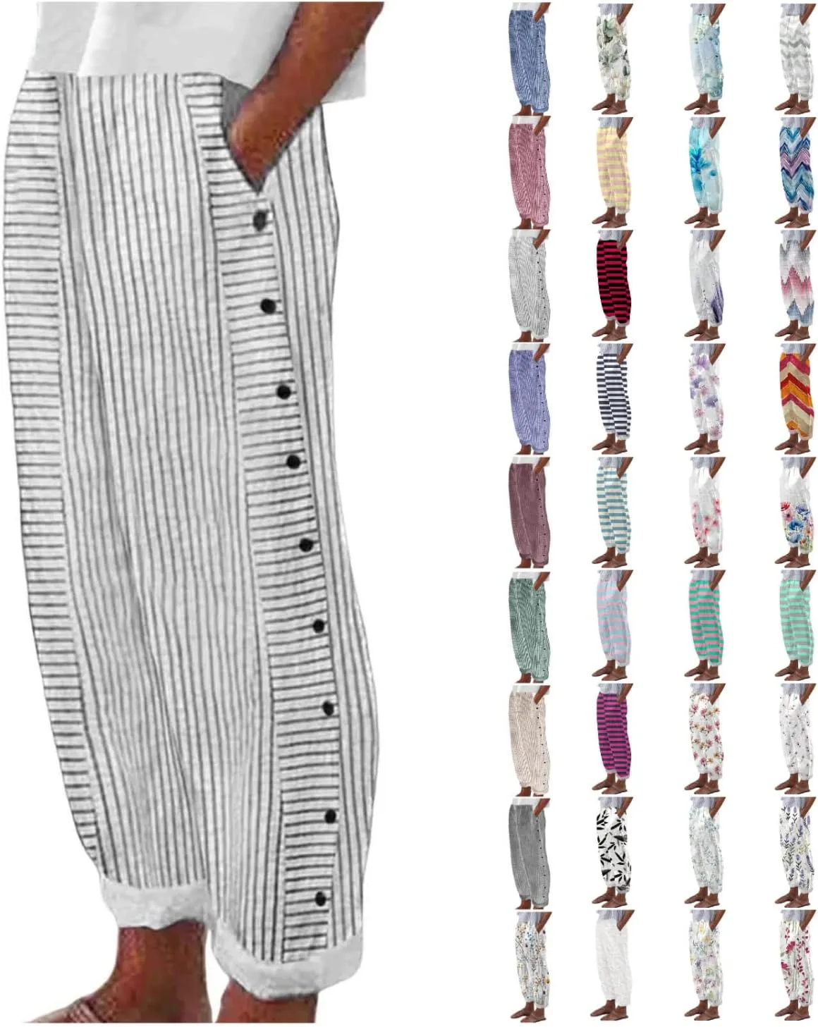 Cropped Pants For Women Elastic Waist Cotton Linen Summer Palazzo Pant Flowy Wide Leg Boho Long Trouser with Pocket