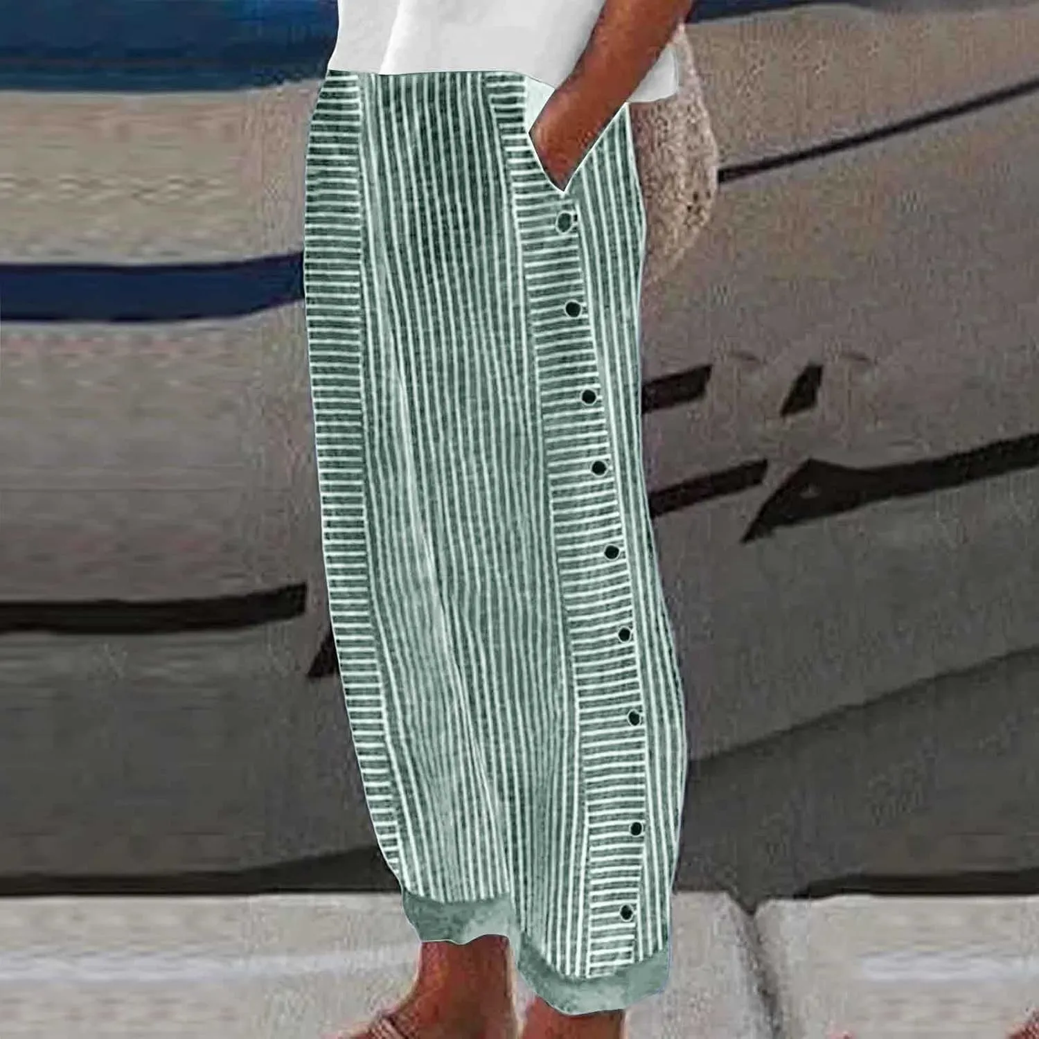 Cropped Pants For Women Elastic Waist Cotton Linen Summer Palazzo Pant Flowy Wide Leg Boho Long Trouser with Pocket