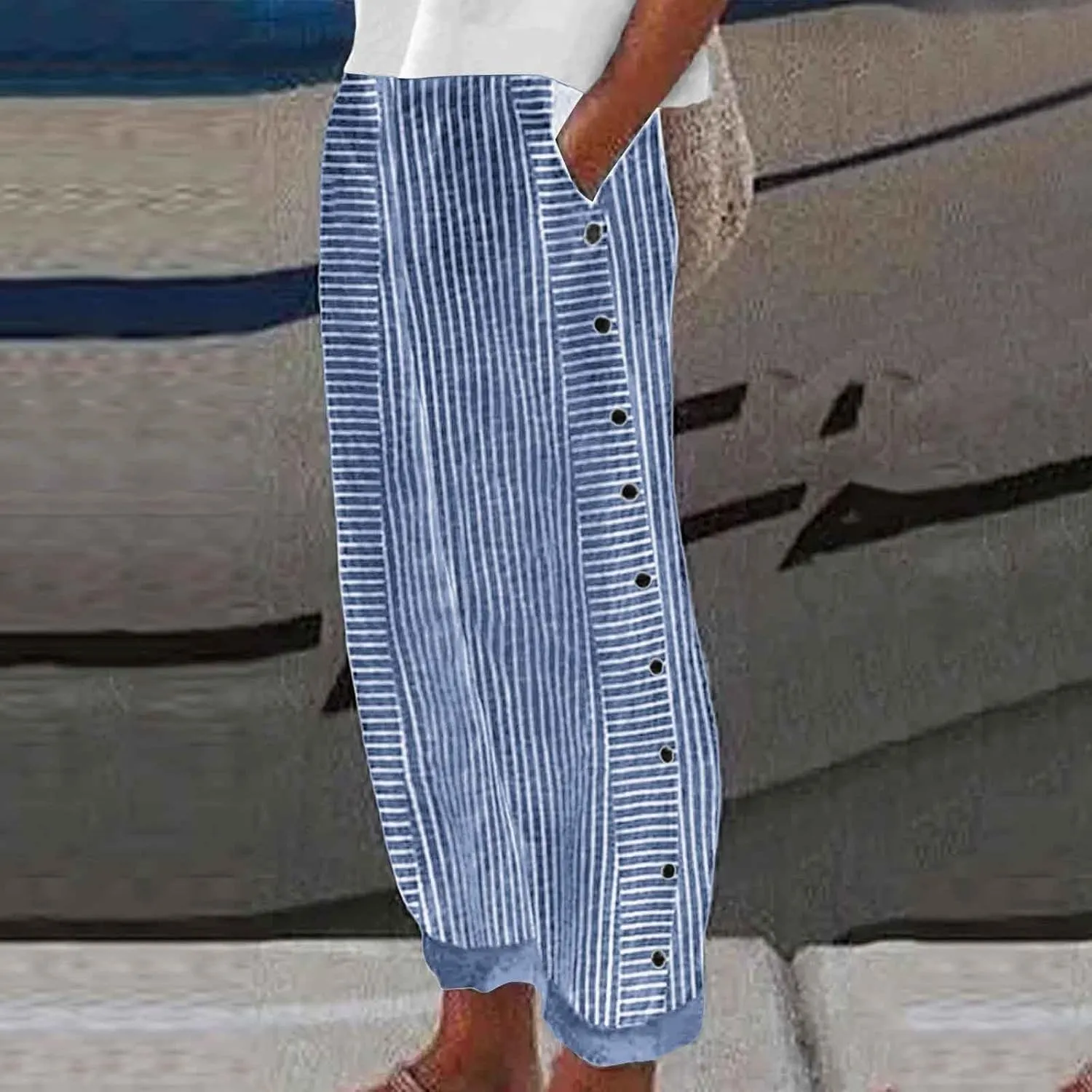 Cropped Pants For Women Elastic Waist Cotton Linen Summer Palazzo Pant Flowy Wide Leg Boho Long Trouser with Pocket