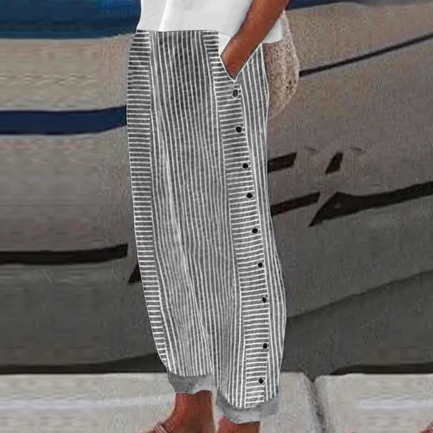 Cropped Pants For Women Elastic Waist Cotton Linen Summer Palazzo Pant Flowy Wide Leg Boho Long Trouser with Pocket