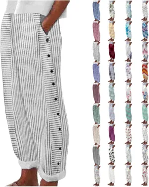 Cropped Pants For Women Elastic Waist Cotton Linen Summer Palazzo Pant Flowy Wide Leg Boho Long Trouser with Pocket