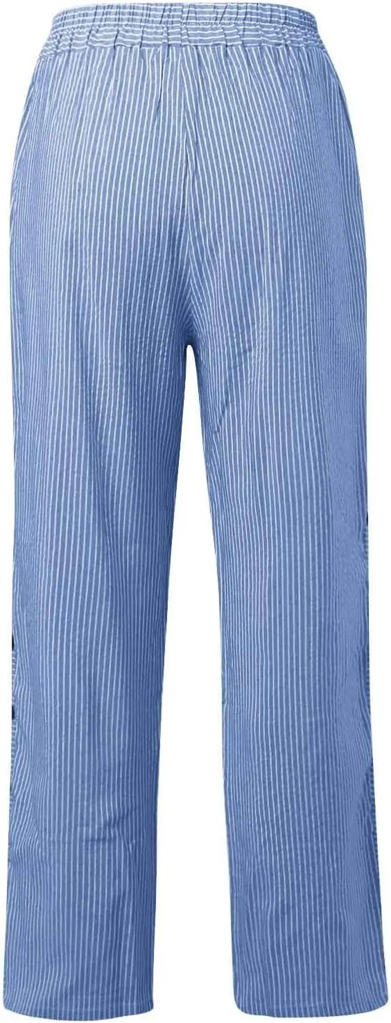 Cropped Pants For Women Elastic Waist Cotton Linen Summer Palazzo Pant Flowy Wide Leg Boho Long Trouser with Pocket