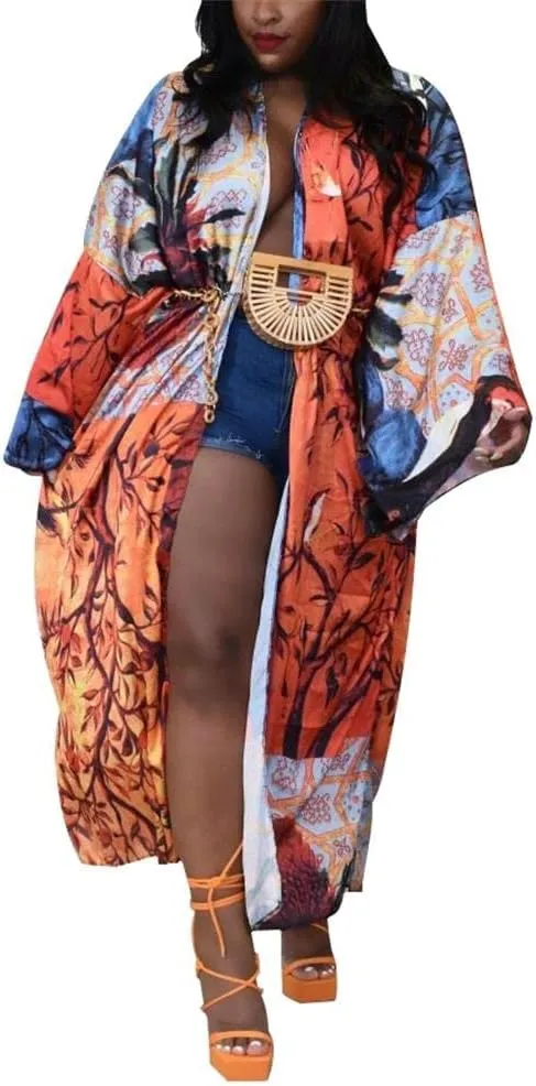cu4eve Summer Cardigan For Women Lightweight Satin Open Front Long Kimono Swimsuit Cover Ups Silk Robe Plus Size