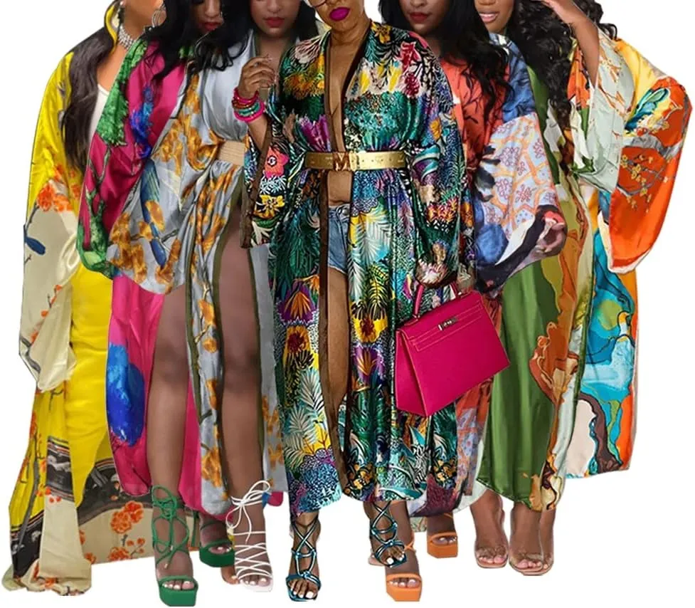 cu4eve Summer Cardigan For Women Lightweight Satin Open Front Long Kimono Swimsuit Cover Ups Silk Robe Plus Size